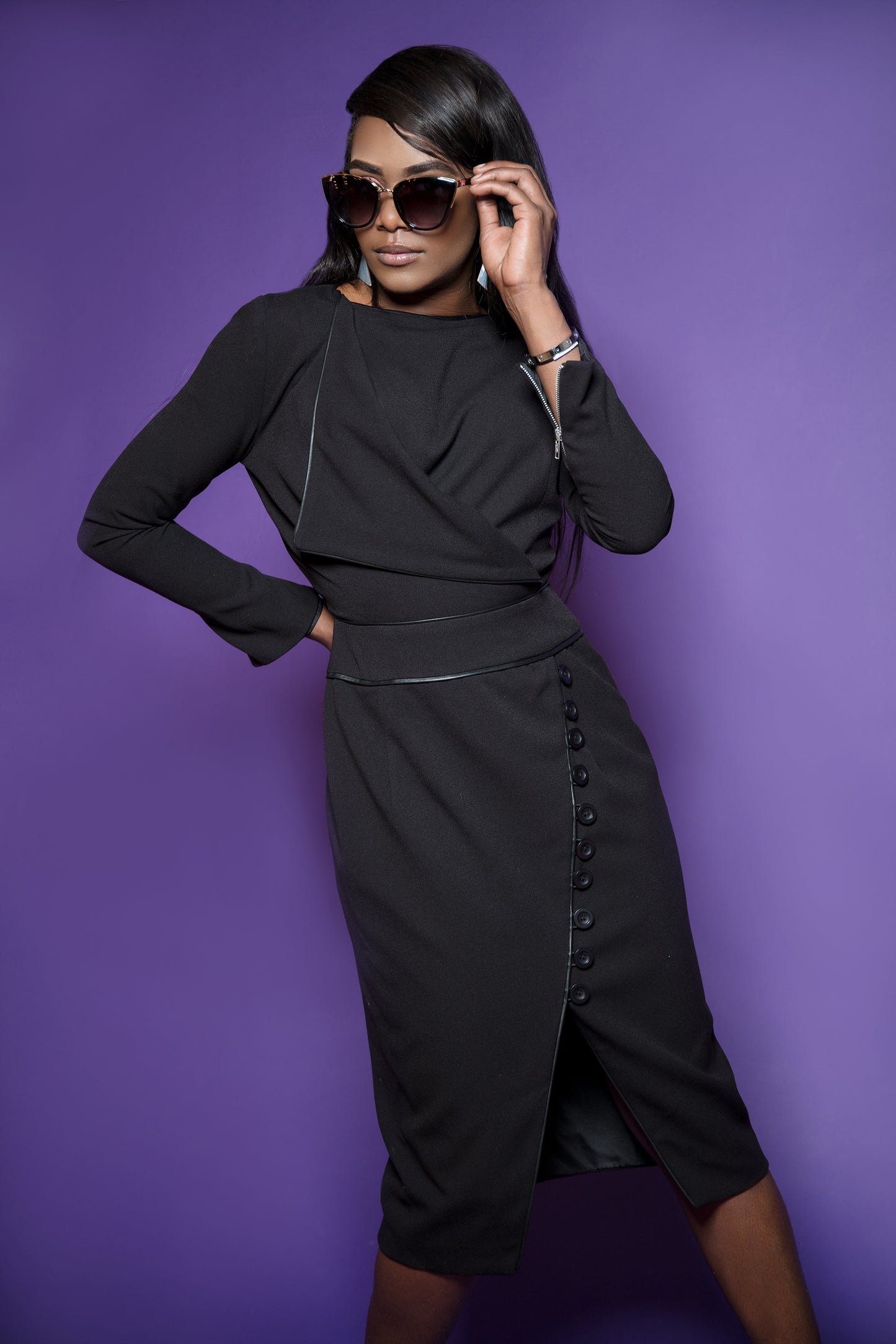 Faux-Wrap Button Dress