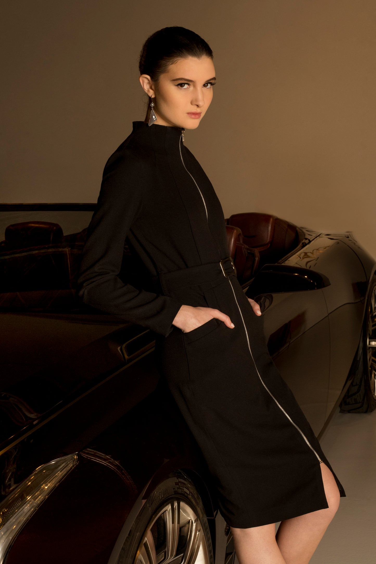 Black Front Zip Fitted Long Sleeve Dress