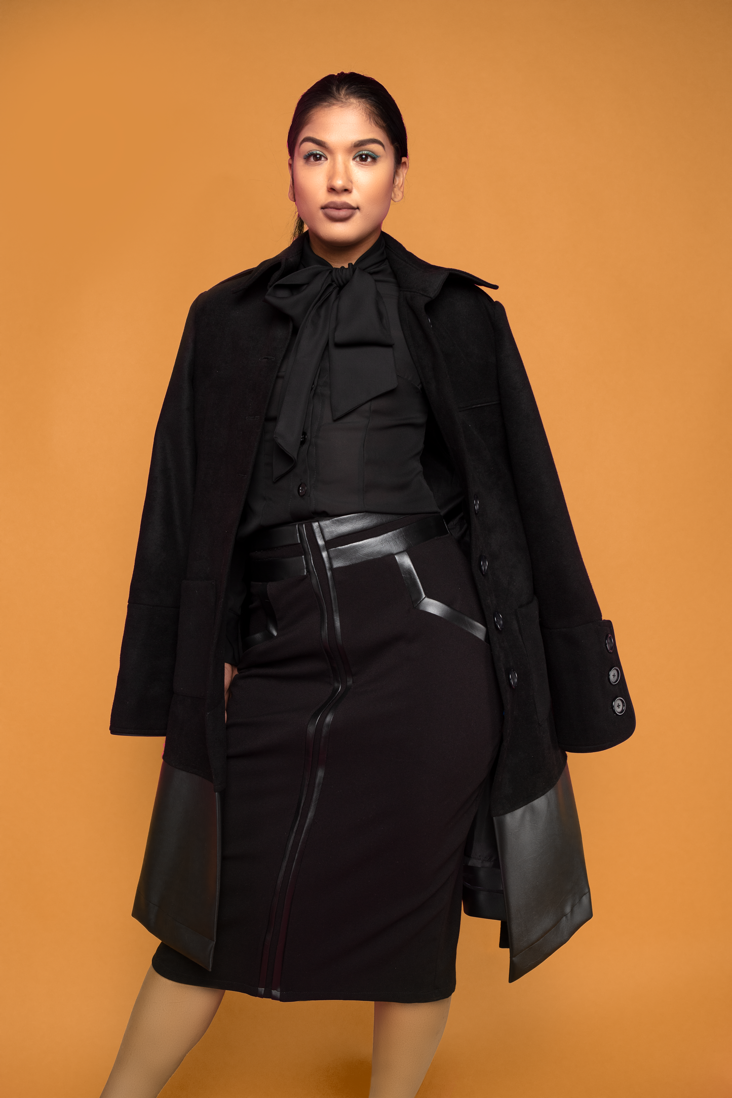 Black Leather Trimmed Pencil Skirt