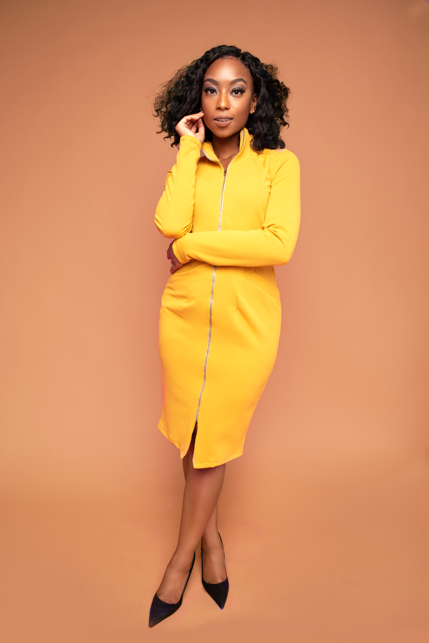 Antique Gold Zip-Front Long Sleeve Dress