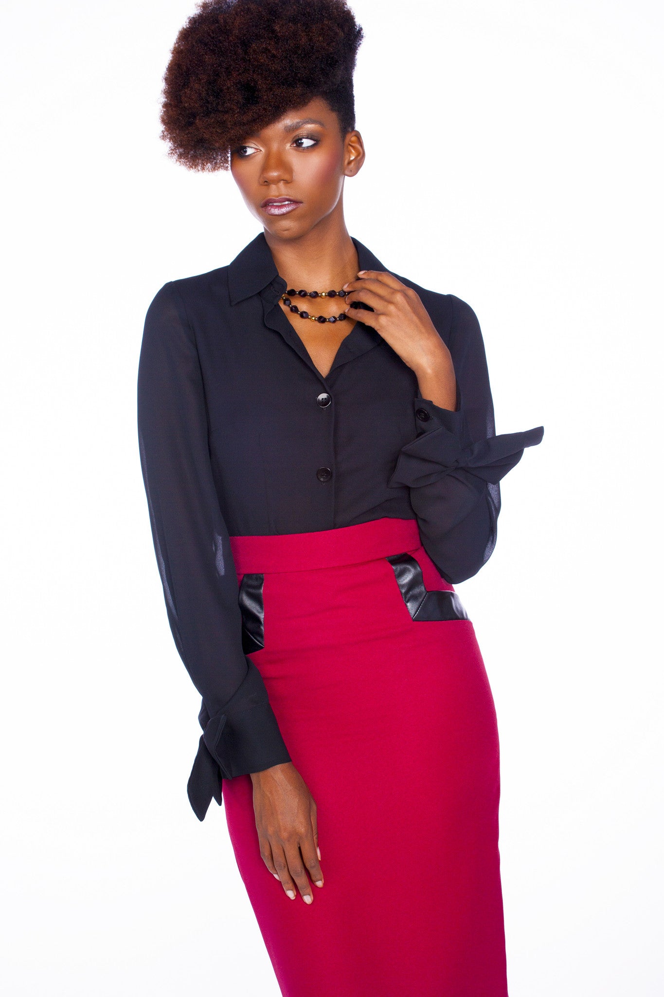 Faux-Leather Trimmed Pencil Skirt