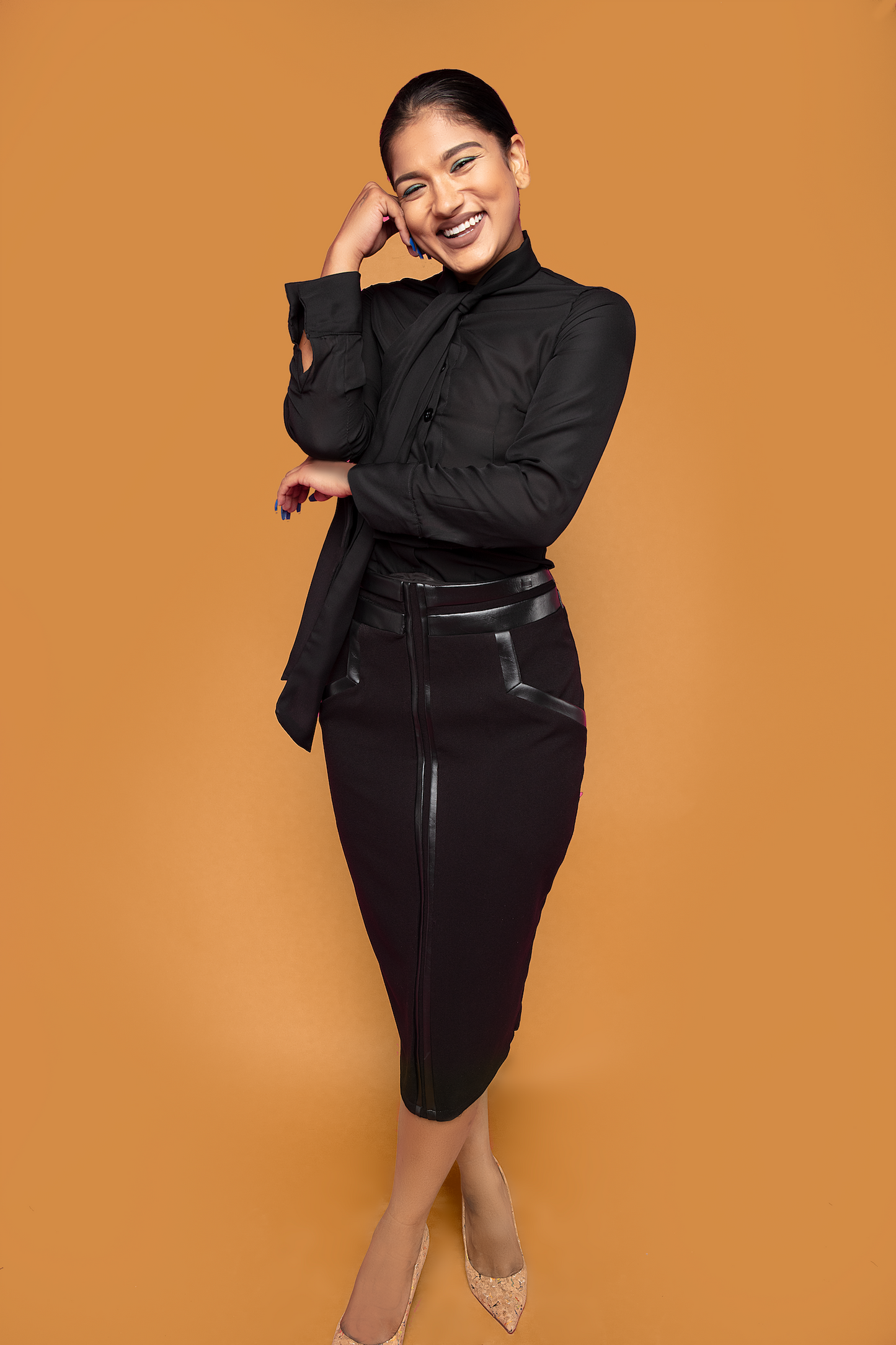 Black Leather Trimmed Pencil Skirt