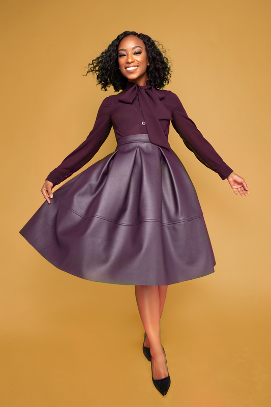 Plum Leather Pleated Skirt