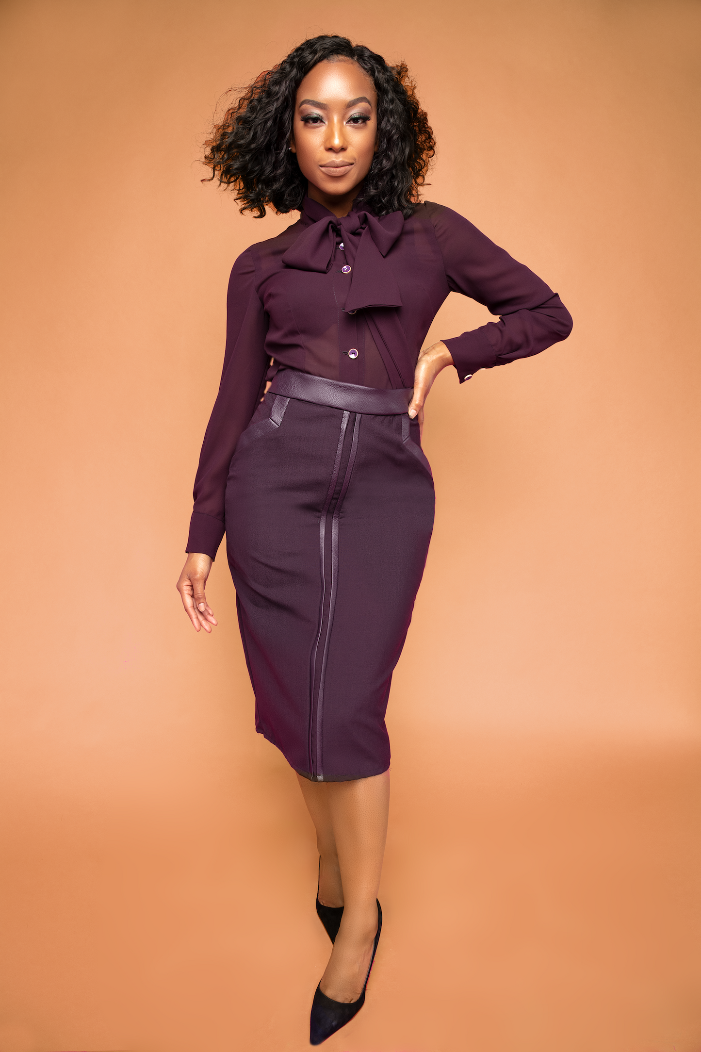 Plum Leather Trimmed Pencil Skirt