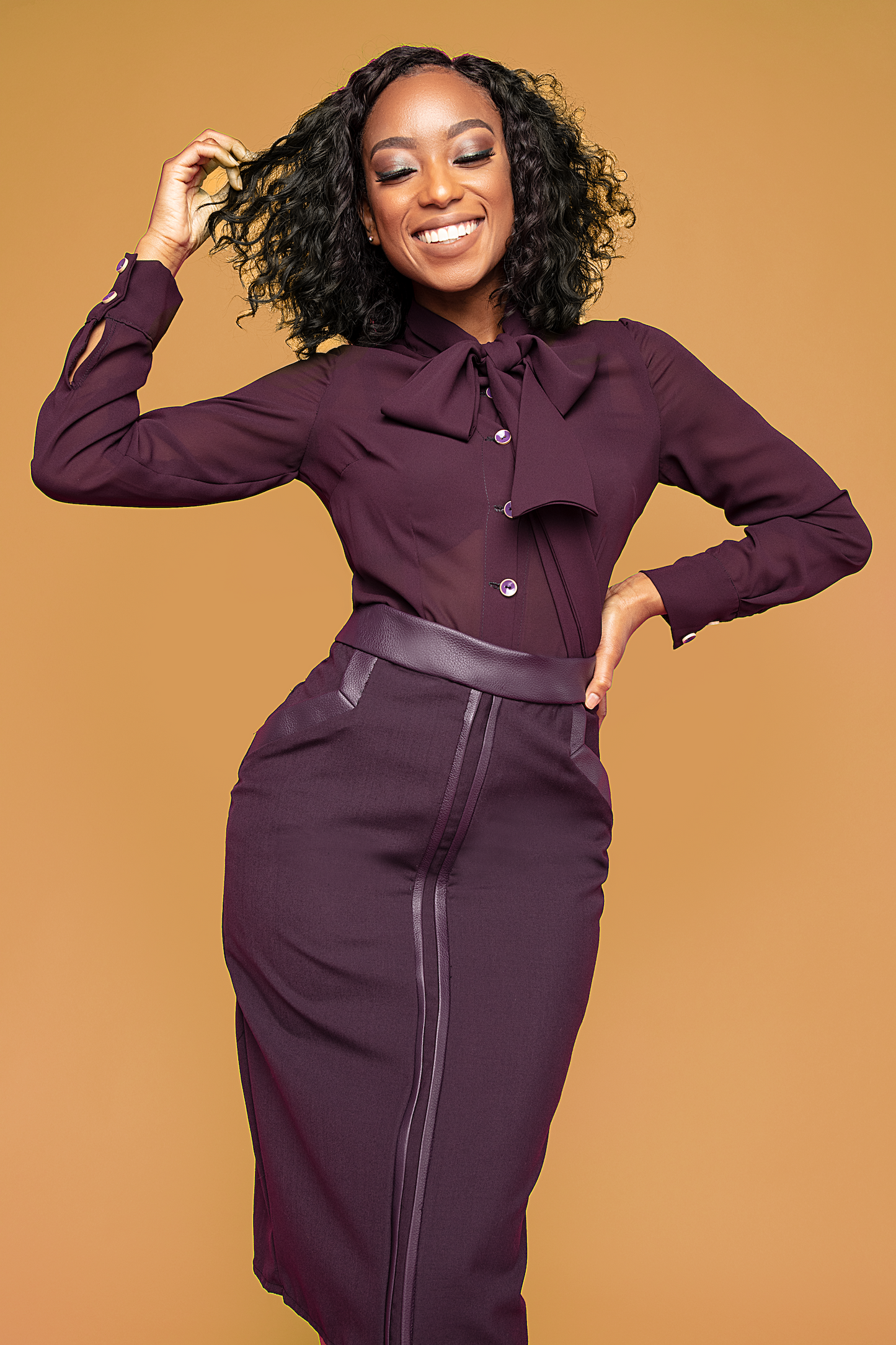 Plum Leather Trimmed Pencil Skirt