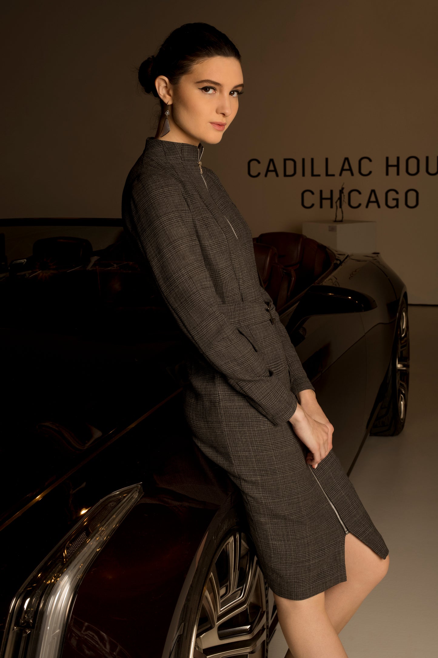 Grey - Zip Front Long Sleeve Fitted Dress