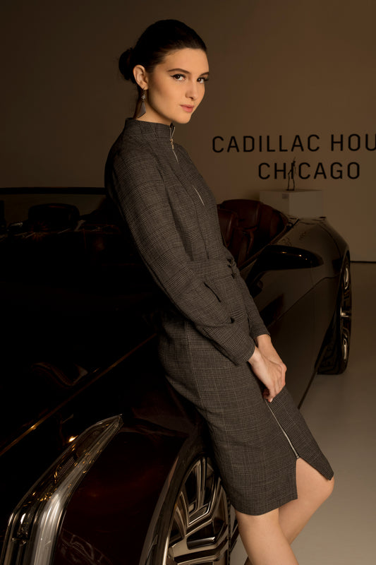 Grey - Zip Front Long Sleeve Fitted Dress